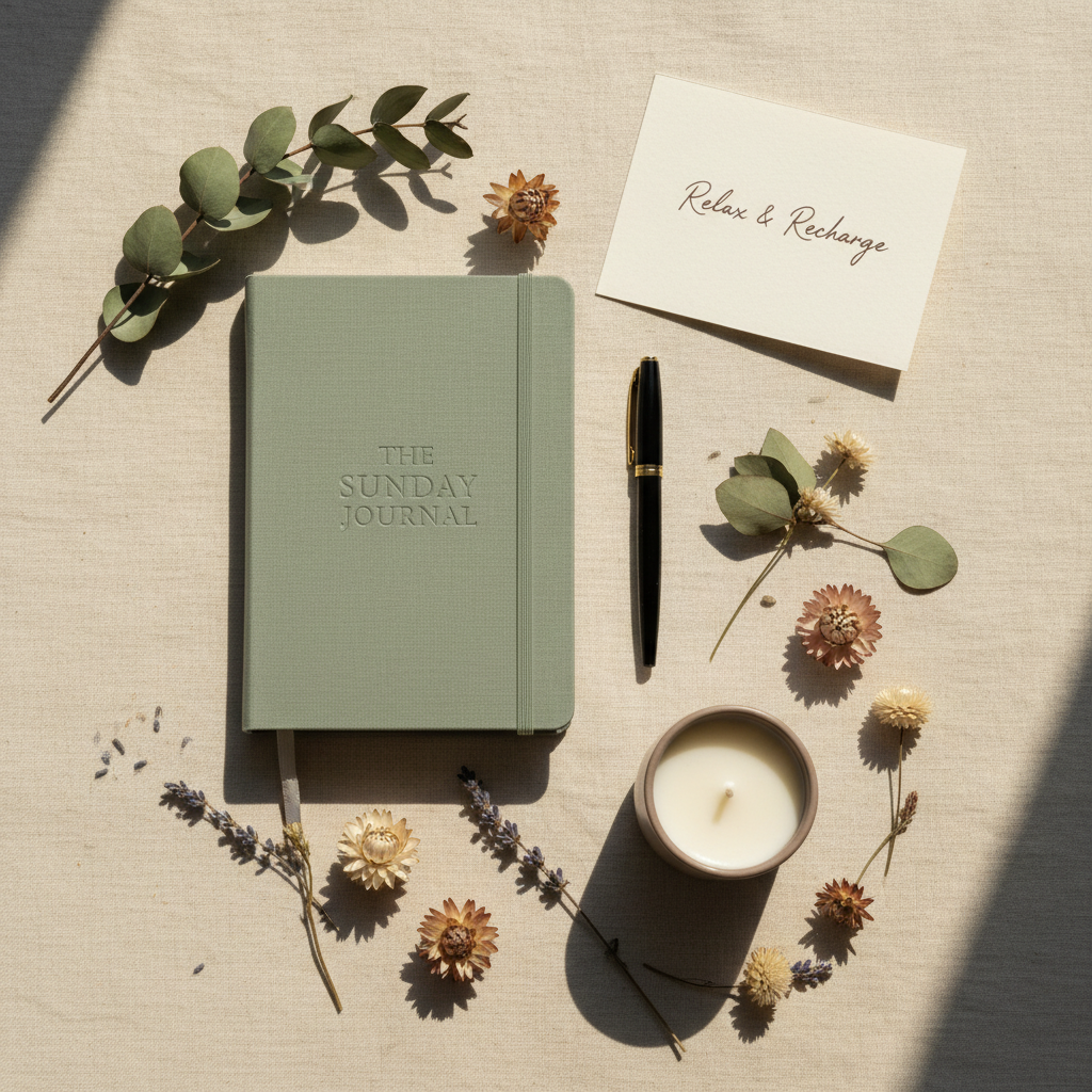 The Sunday Kit flat lay — a curated collection of analog essentials for slow mornings