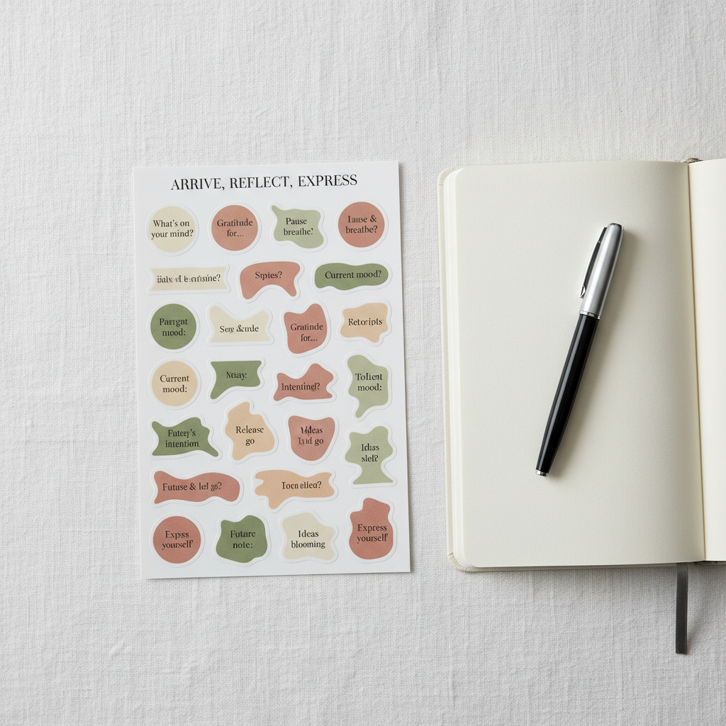Prompt Sticker Sheet — Arrive, Reflect, Express — die-cut stickers for journals and planners